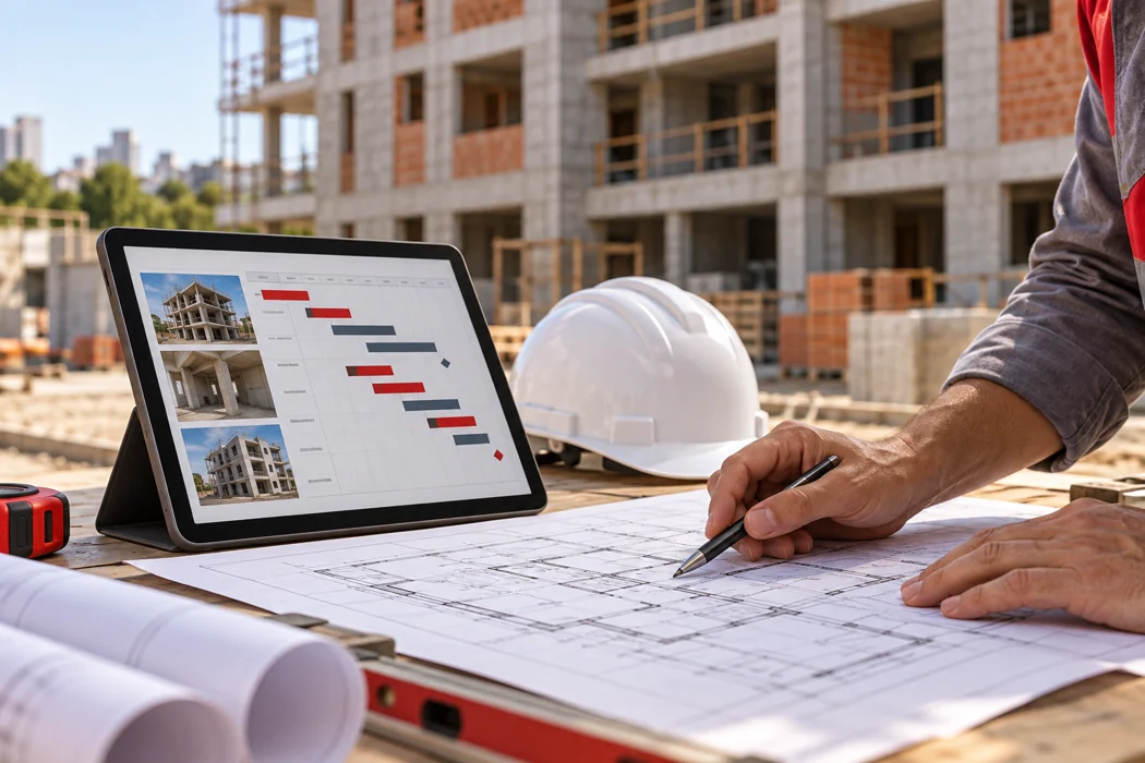 Imagem ilustrativa de acompanhamento de obra com projeto, cronograma e registros da construção